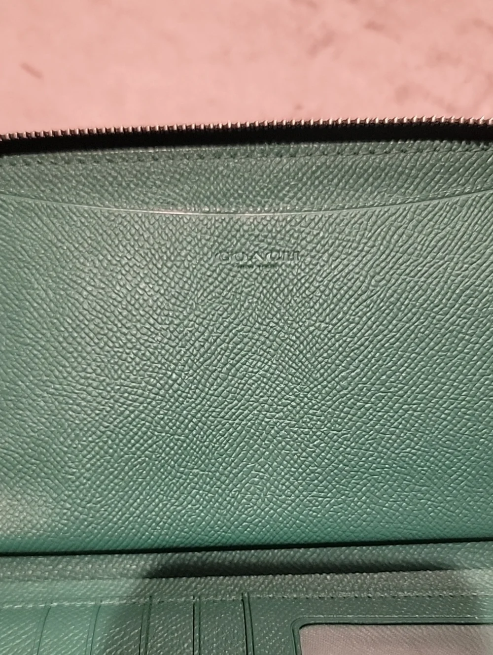 COACH Green Pebble Leather Zip Around Wallet With Wrist Strap